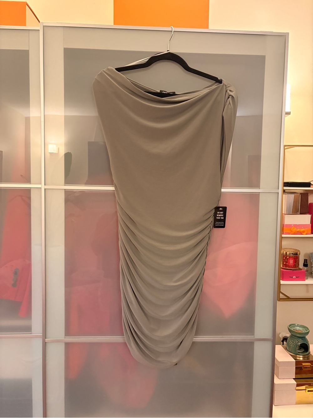 Elegant Ruched Taupe One-Shoulder Dress